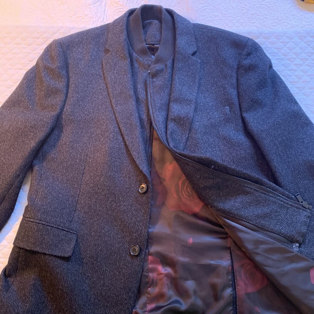 Linea Charcoal Herringbone Blazer w/ Zip Insert, Size L (40-42R)